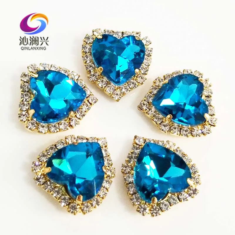 

Heart Shape Lake Blue Color Crystal Glass Rhinestones, Gold Bottom Sew on Buckle, Used for Needlework, DIY/Sewing Accessories