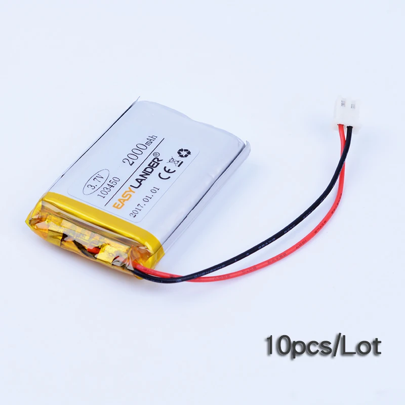 10Pcs/Lot JST2.54 2pin 3.7V 2000mAh 103450 Rechargeable Lithium Li-ion Polymer Batteries