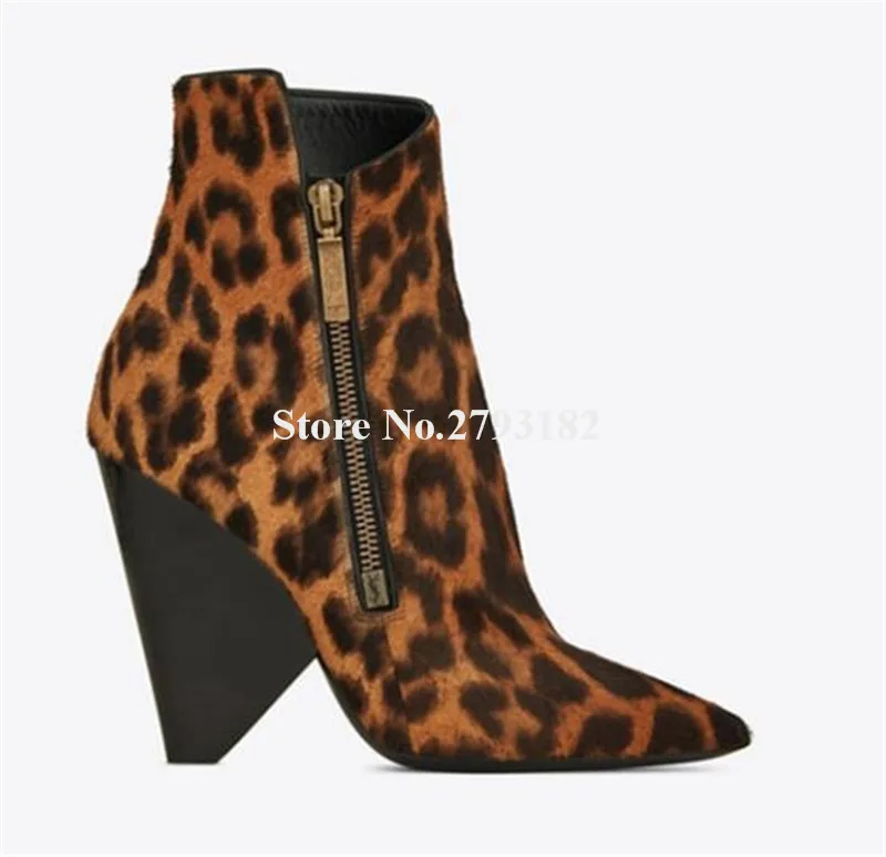 

New Design Women Fashion Pointed Toe Suede Leopard Spike Heel Short Boots Strange Heel Red Black High Heel Ankle Boots