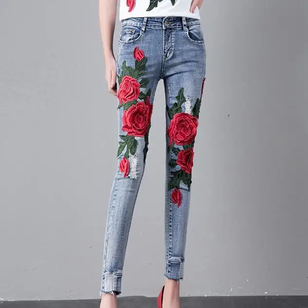 Flower Embroidered Women Jeans Stretch Elastic Jeans  Pencil  Hole Ripped Rose Pattern Jeans 25-31