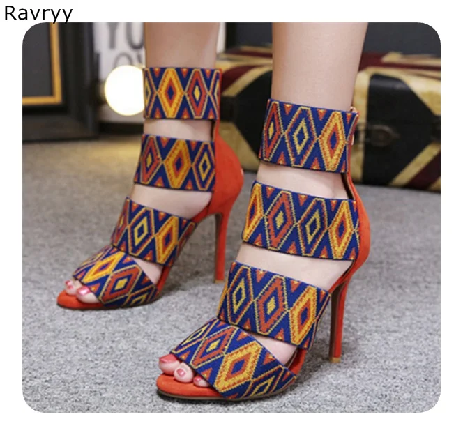 Summer fashion 2018 Woman orange sandals mixed color suede leather Sexy Pumps cut outs design thin heel female party dress shoes