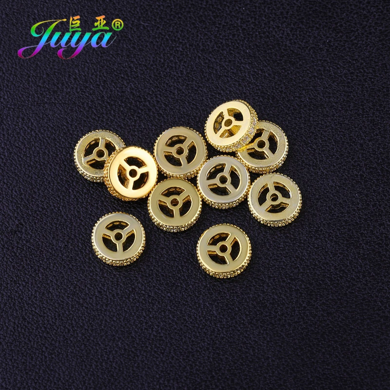 Juya 8pcs/Lot DIY Micro Pave Zircon 8mm Metal Spacer Charms Wheel Beads For Needlework Women Men Natural Stones Jewelry Making