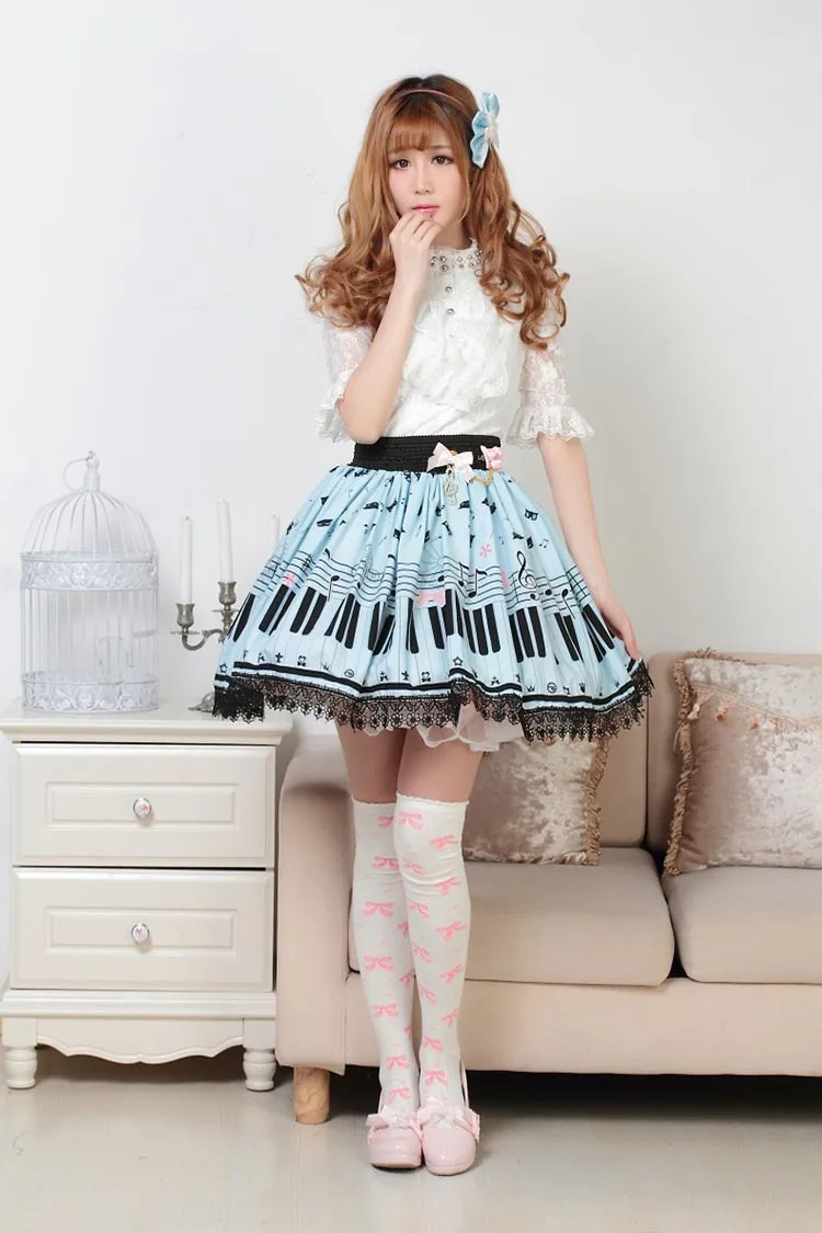 Piano Keyboard Printed Skirts Women Sky Blue Sweet A-Line Lolita Super Cute Girl Teen Horpsichord Pleated Lace Cat Bottoms