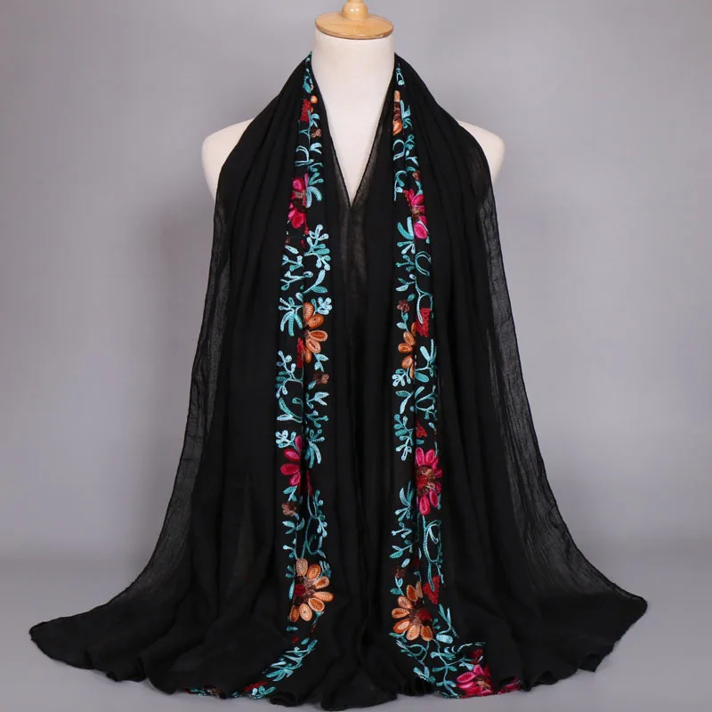 2023 outono moda bordado viscose cachecol feminino ponto liso algodão cachecóis xale flor azul marinho sjaal muçulmano hijab foulards