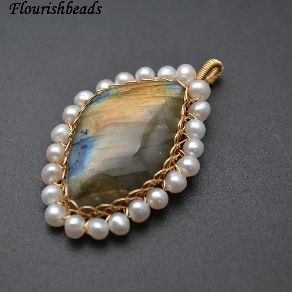 High Quality Shiny Natural Labradorite Stone Cabochon White Pearl Beads Wire Wrapped Laceword Pendant Fit Necklace Making