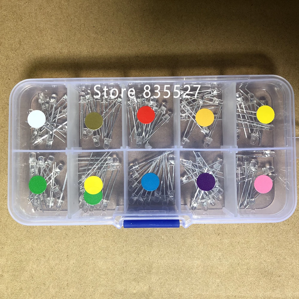 

100pcs/box 3MM F3 Kit Mixed 10 colors : White/Warm white/Red/ 2 Green/Blue/Pink/Purple UV/Orange/Yellow LED light emitting diode