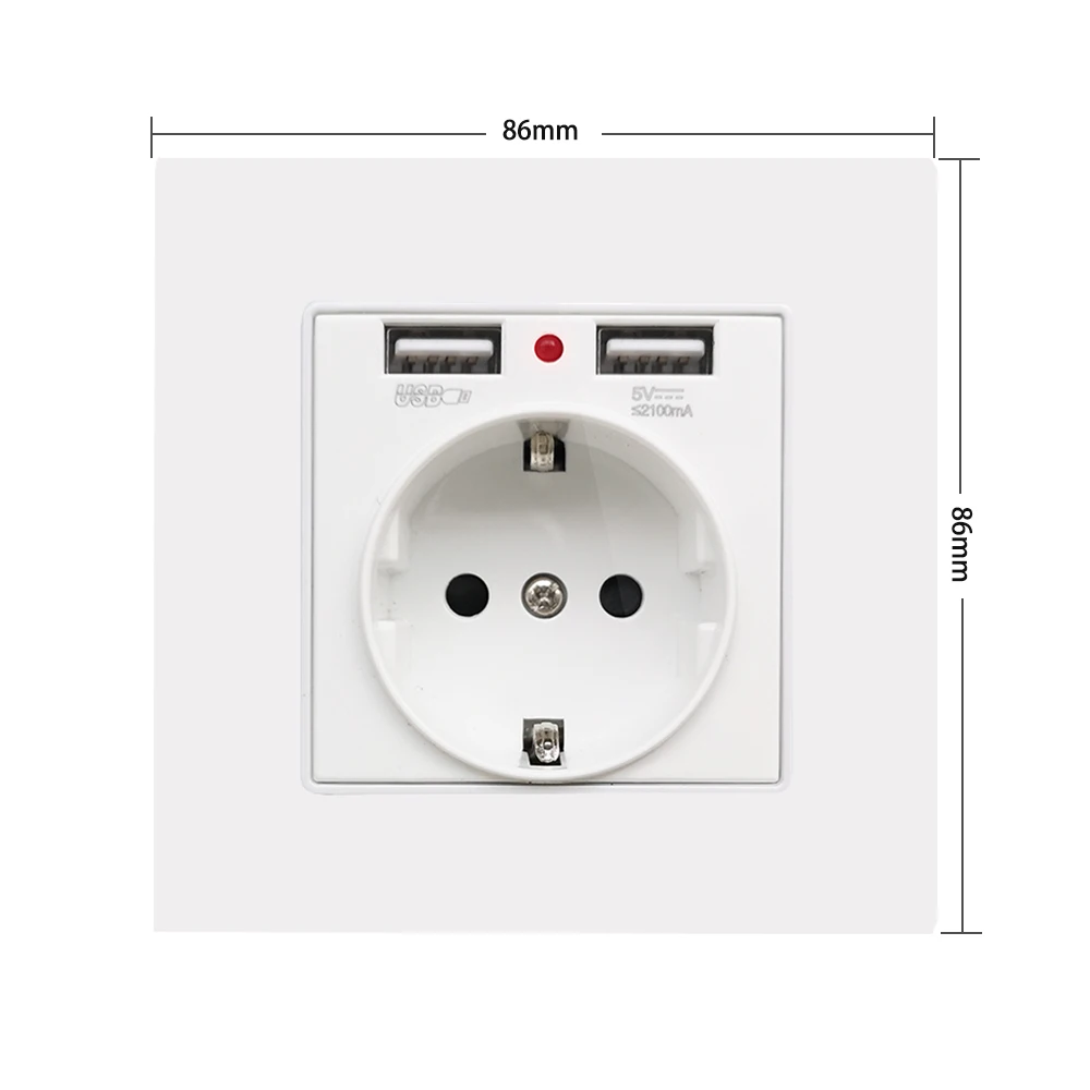 16A Wall Socket With 2 USB Charging Port 2.1A 16A Russia Spain Wall Socket EU Power Outlet 86*86mm