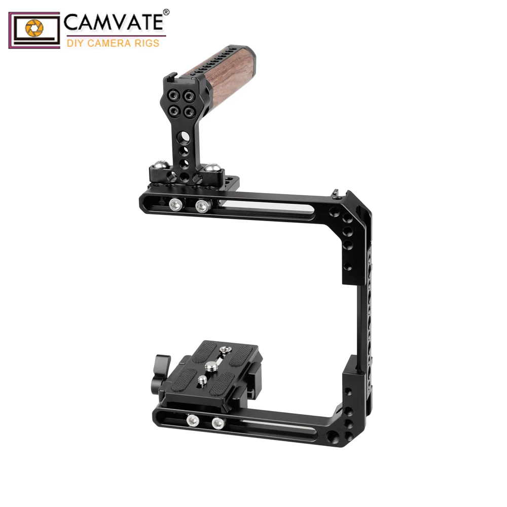 CAMVATE Universal Camera Cage Rig With Manfrotto Quick Release Baseplate & Wooden Top Handle For Canon Sony Panasonic Nikon