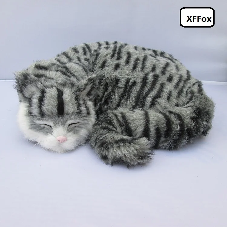 big new real life gray stripe cat model plastic&furs sleeping cat gift about 29x10x31cm xf1403