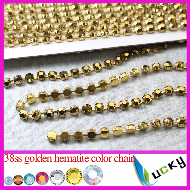 New Design! 5yards SS38 8mm raw brass rhinestone cup chain link with metallic gold crystal stones