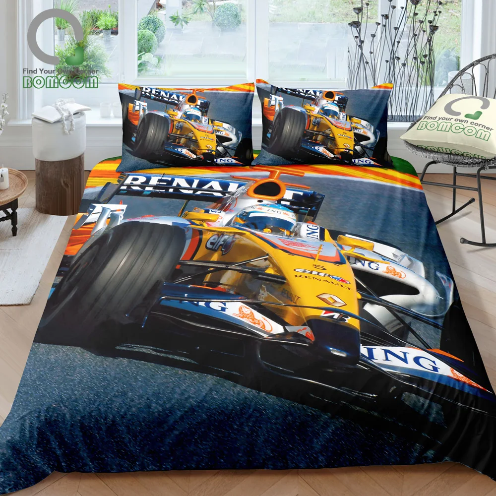 BOMCOM 3D Digital Printing F1 Style Yellow Race Car Motor Sports Speeding up on a Track Duvet Cover Sets 100% Microfiber Clear