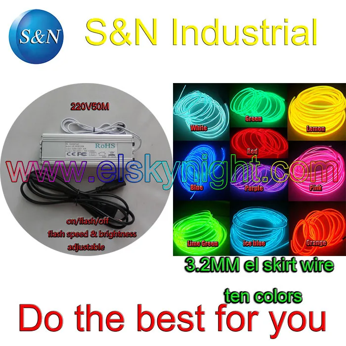 

ten color 3.2MM 50M~100M Flexible el skirt Wire Neon Light &100-240VAC inverter for holiday,party,festival and house decoration