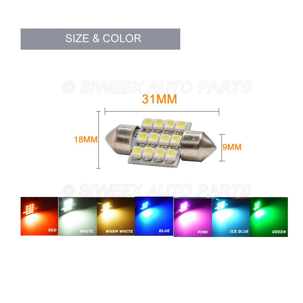 31mm 3528 1210 SMD 12 LED Car Auto Festoon Dome Interior Map Lights Bulb Lamp for DC 12V Blue Green Red Ice Blue White