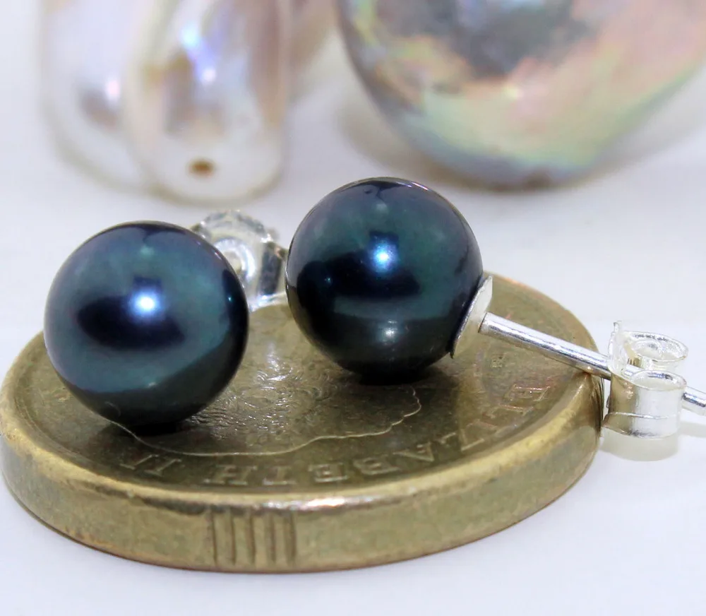 FREE SHIPPING HOT sell new Style a pair of natural tahitian 9-10MM black green pearl earrings silver