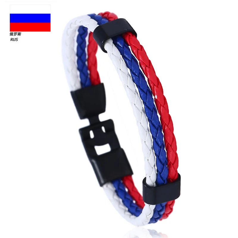 2023 New Russia Spain France Germany 16 Country National Flag Black Leather Bracelets For Men Women Sports Football Fans Jewelry