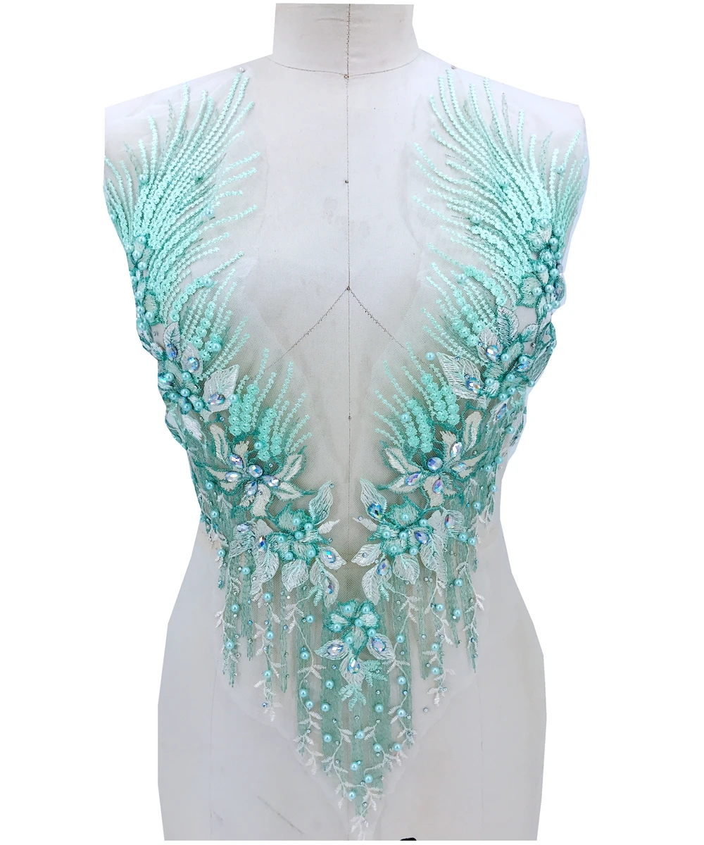 Pure handmade rhinestones light green lace applique sew on crystal trimming patches 60*33cm/62*30cm for dress accessory