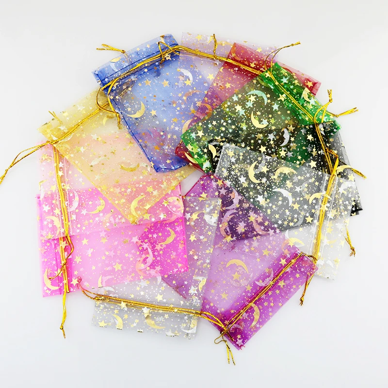 100pcs/lot Mixed Color Organza Jewelry Gift Bags 9*12cm Drawstring Bags Star Moon Pattern Organza Bags& Pouch Free Shipping