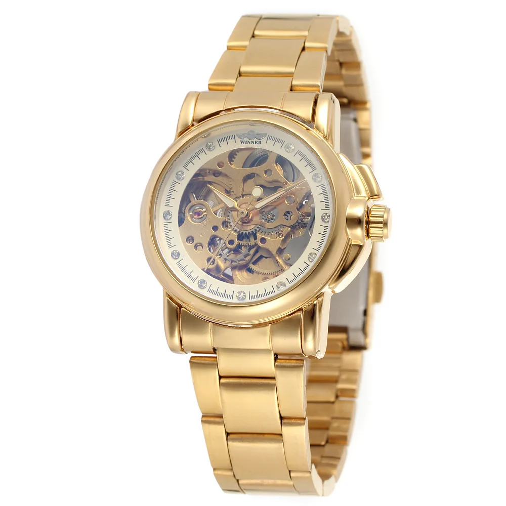 Relojes mecánicos automáticos dorados de lujo para mujer, reloj de acero inoxidable a la moda para mujer, reloj esqueleto hueco de cristal Saati