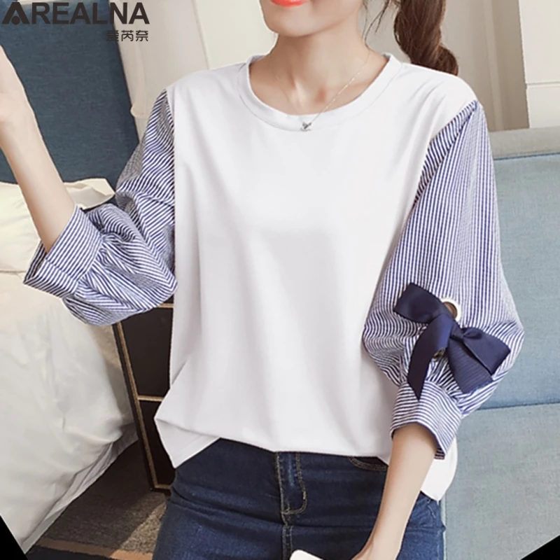 Spring summer Cotton Tops Patchwork Striped Lantern Sleeved with Bow Blouse Women Korean Style Fake Two Pieces Pink Shirts L-4xl