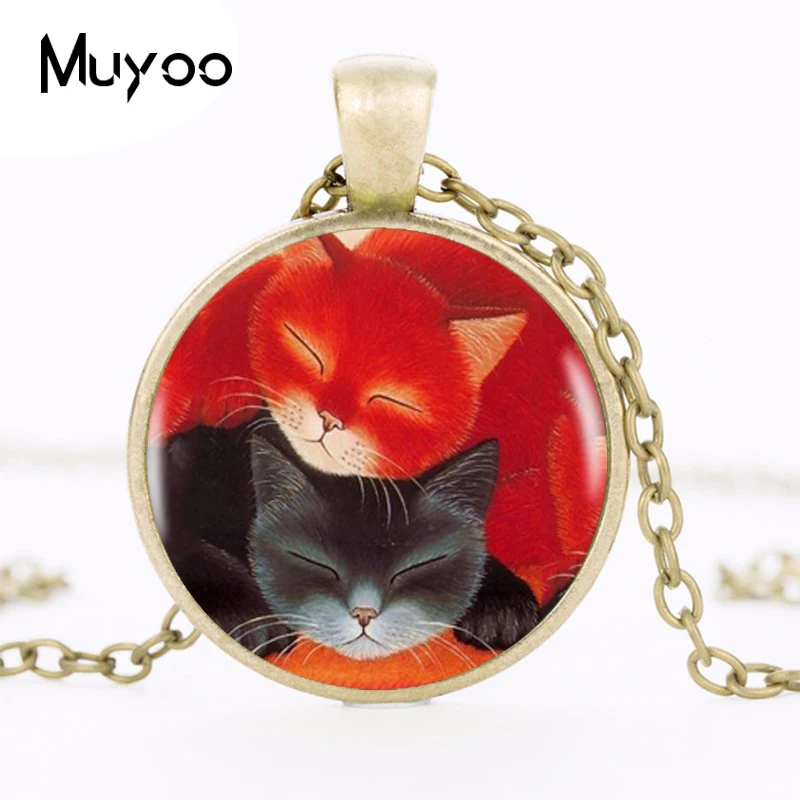 2017 Red Black Sleeping Cats Pendant Choker Statement Round Necklace For Women Dress Accessories Glass Cabochon Jewerly HZ1