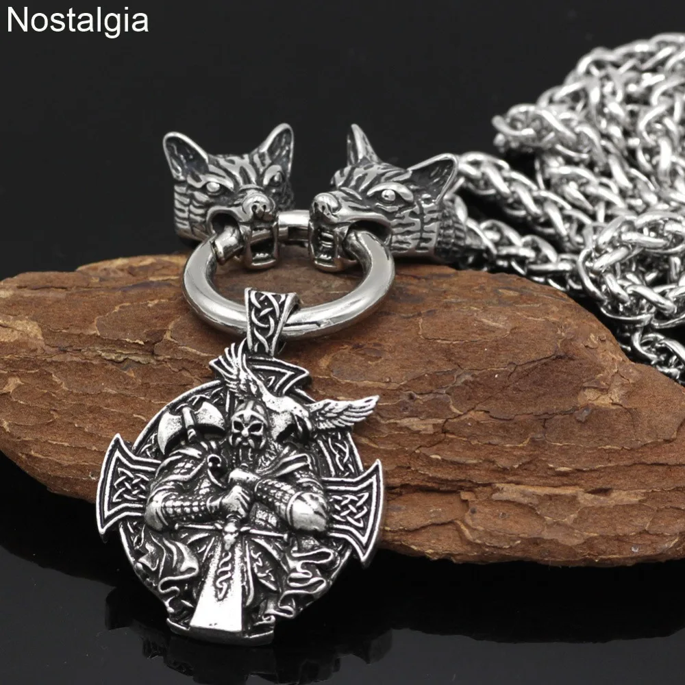 Nostalgia Viking Odin Raven Helena Rosova Nordic Wicca Pagan Talisman Amulet Wolf Head Stainless Steel Chain Necklace