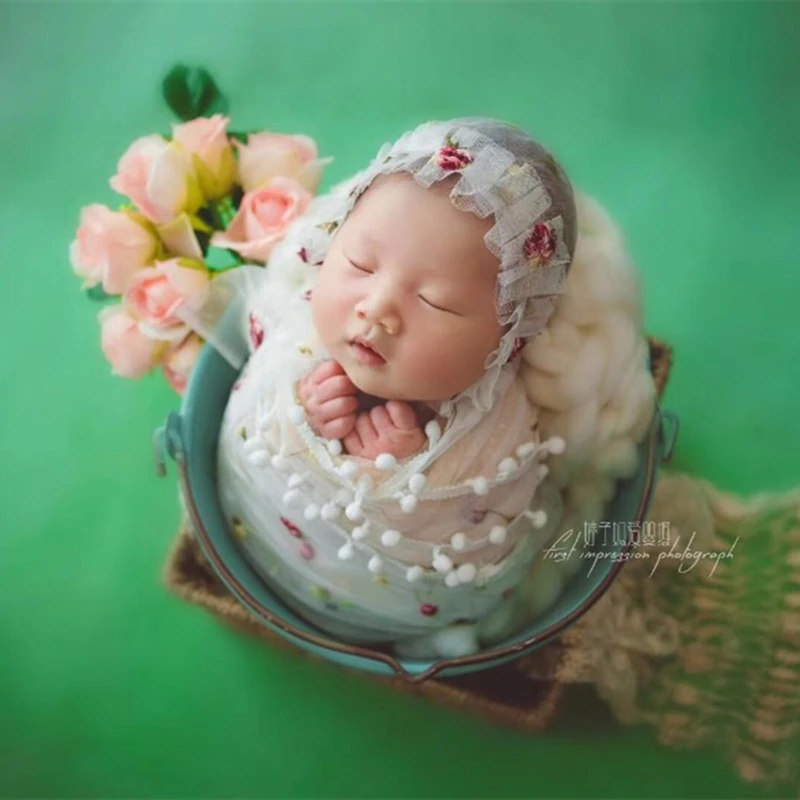 

Newborn knitted wrap bonnet full set Baby Gril Lace bonnet and wrap Fabric Photography props Handmade Baby Soft Bonnet Swaddle