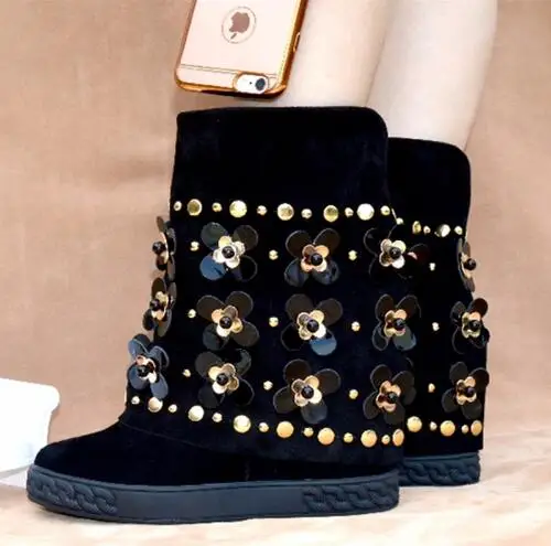 New Fashion Ankle Boots Suede Black Floral Embellished Studded Wedge Boots Height Increaing Women Winter Boots