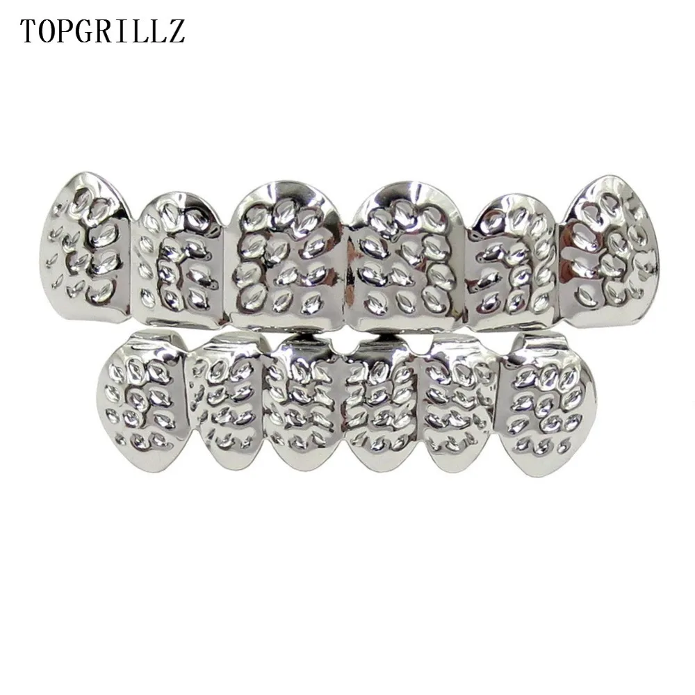 TOPGRILLZ New Fit Gold Color Plated HipHop D-Cut Teeth Grillz Caps Top&Bottom Grill Set for Christmas Party,Women,Men