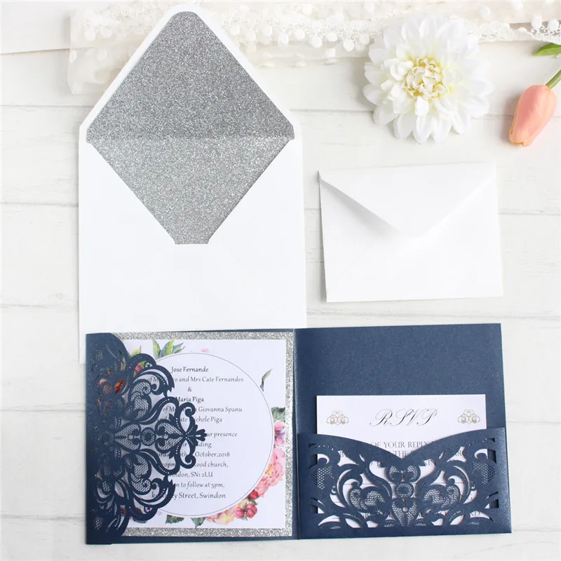 Personalized wedding cards with envelop glittery inner RSVP luxury invitations greeting cards 50PCS offer printing