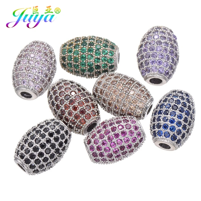 Juya Micro Pave Rainbow Zircon Metal Oval Spacer Charm Beads For DIY Women Men Needlework Natural Stones Pearls Jewelry Making