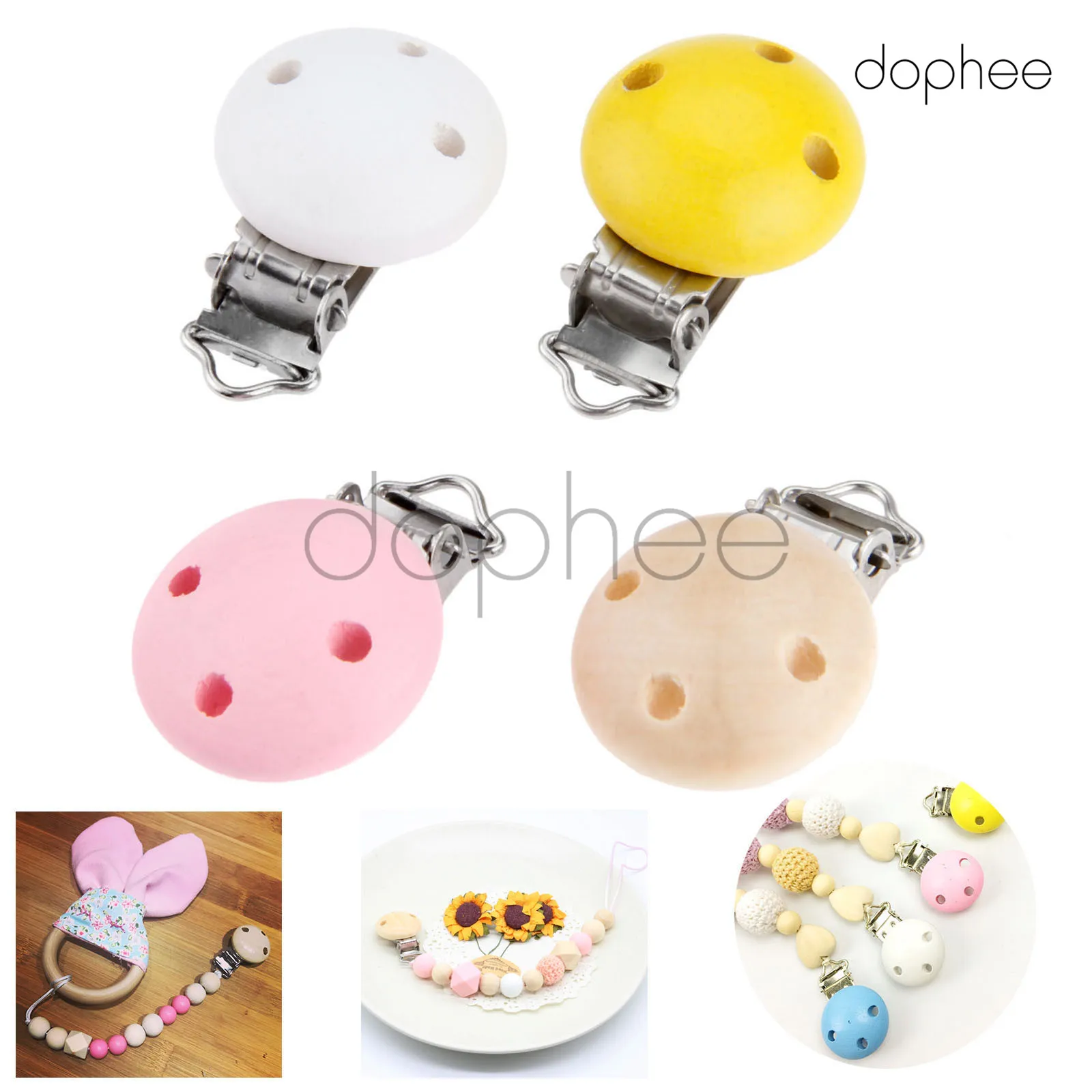 

dophee 50pcs Multi-Color Natural Wooden Baby Pacifier Clips Cute Round Nipple Clasps Soother For Baby Teether Toy