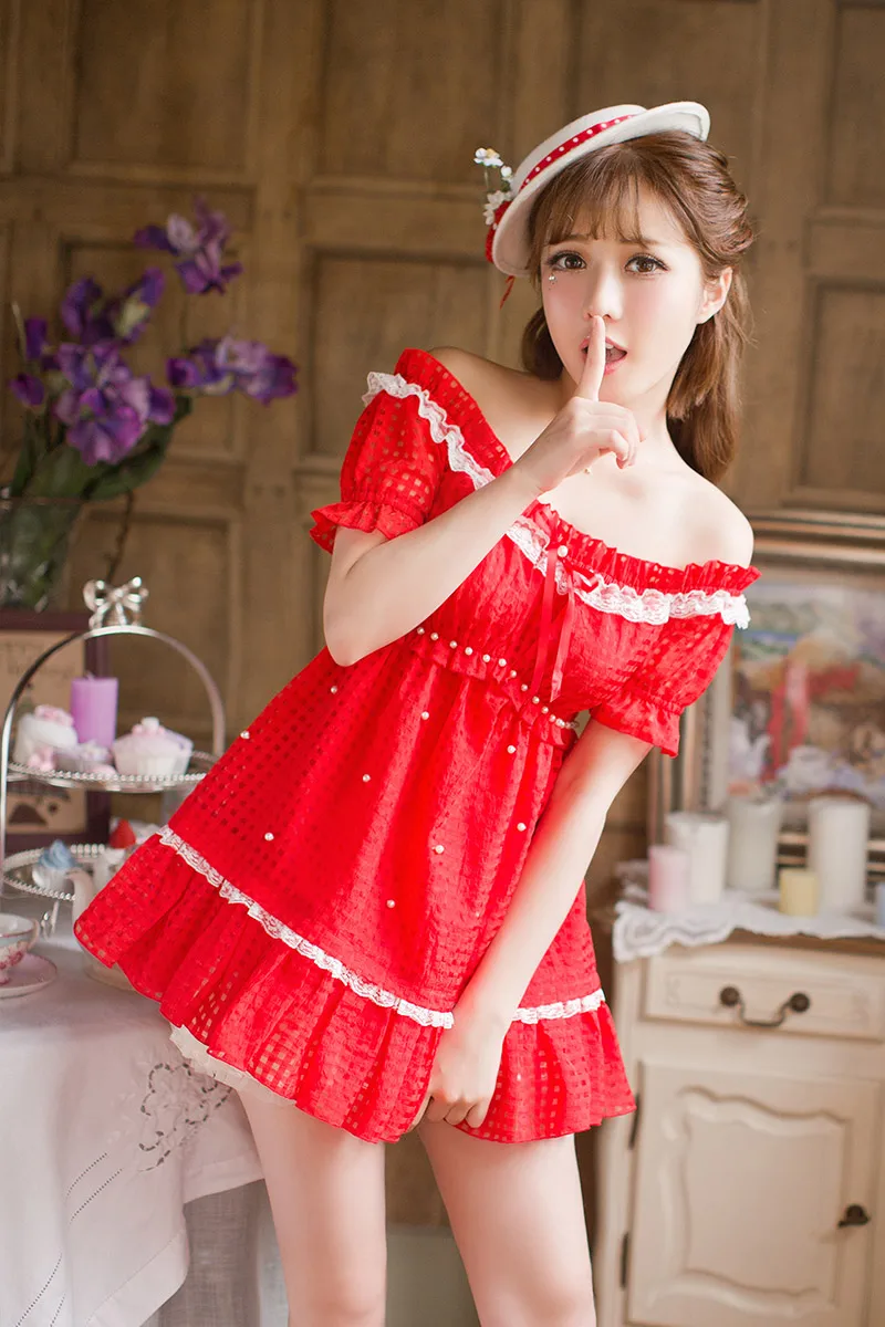 

Princess sweet lolita dress Candy rain sweet summer Japanese style lace red chiffon Dew shoulder princess dress C16AB6088