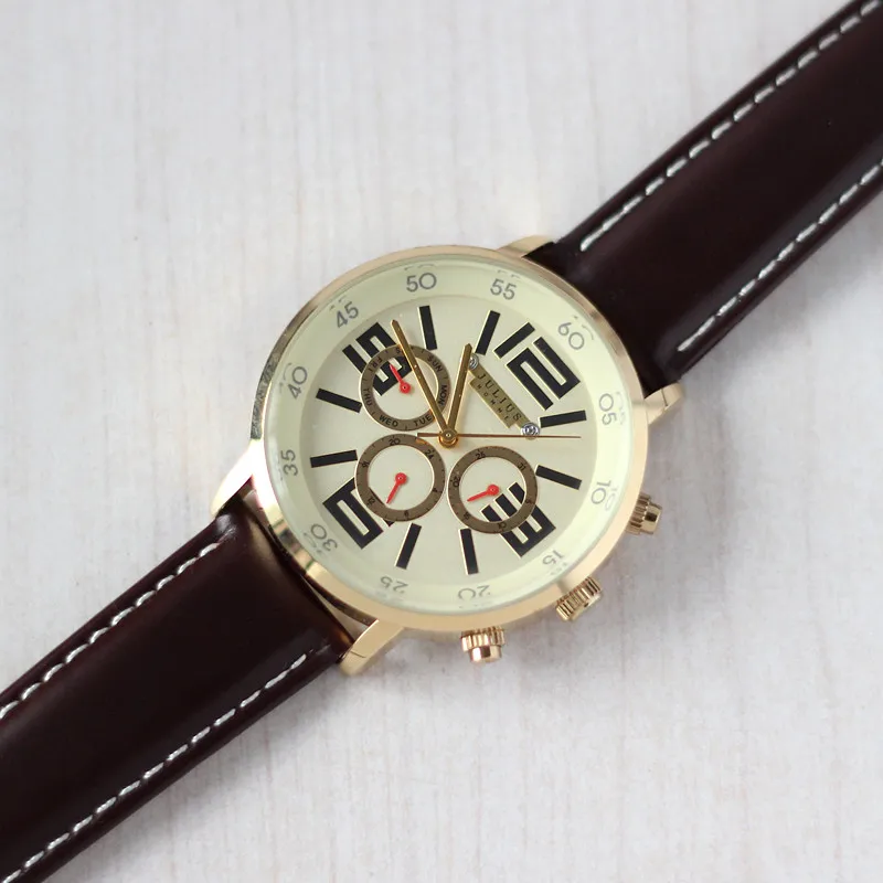 Julius-reloj multifunción para hombre, cronógrafo de cuarzo japonés, deportivo, Retro, a la moda, de cuero Real, regalo de cumpleaños para niño, sin caja