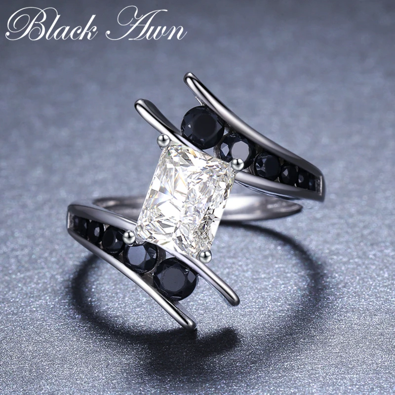 

[BLACK AWN] Fine Jewelry 3.9 Gram 100% Genuine 925 Sterling Silver Row Black Stone Engagement Rings for Women Bague C299