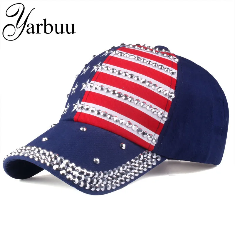 [YARBUU] The American Flag Baseball Caps 2022 Fashion Hat For Men Women The Adjustable Cotton Cap Rhinestone Star Denim Cap Hat