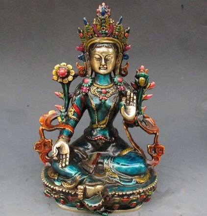 

Copper Brass sculpture good burned 8.66 inch Exquisite Chinese hand-carved cloisonne buddhist Buddha green tara statue