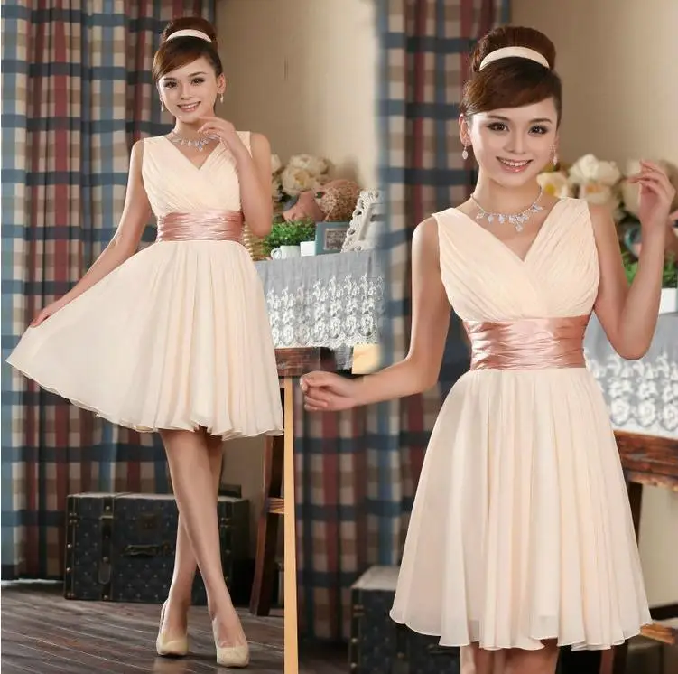 2016 new Fashion champagne color V-neck Women's Short design Elegant Party evening Vestidos Prom Dress