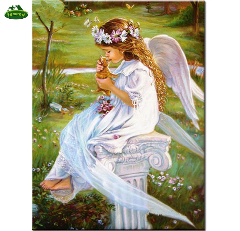 YUMEART 5D Diamond Cross Stitch Home Decoration Angel Girl Kissing Cats 5D Diamond Mosaic Pattern Full Drill Diamond Embroidery