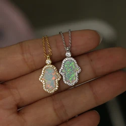 fashion 2022 turkish hamsa hand pendant necklaces women ladies delicate dainty gold silver color white fire opal stone necklace