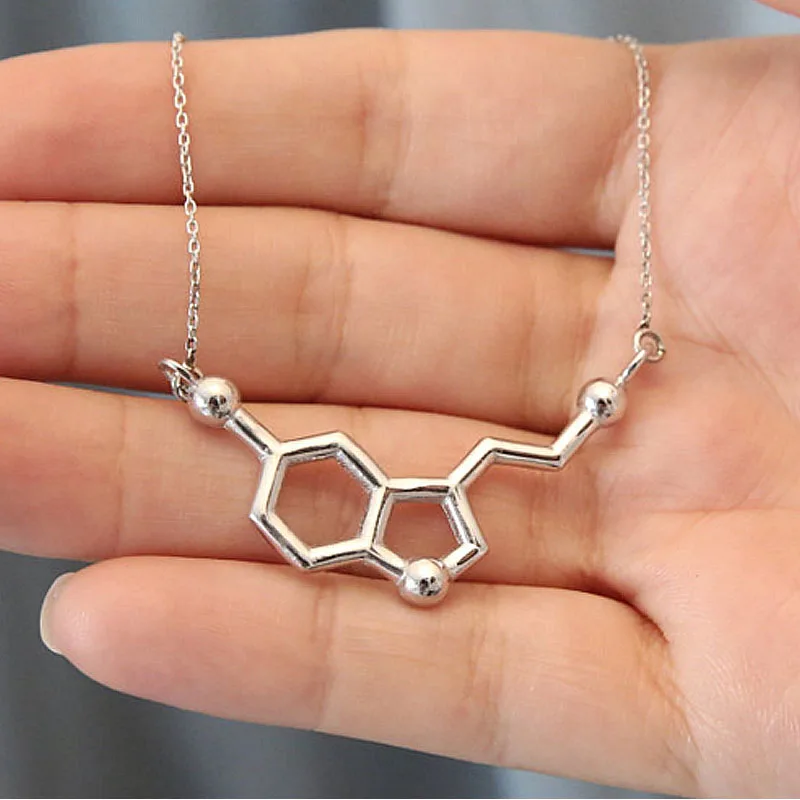 Wholesale 10pc/lot Hope Happiness Serotonin Molecule Pendant Necklace Long Link Chain Anime Sientist Love Necklaces