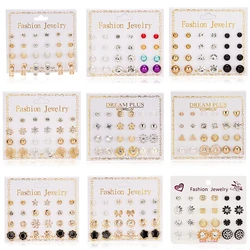 Rinhoo 12 pair/set Zircon Round Ball Imitation Pearls Stud Earring Sets Flower Classic Women Metal Girl Gift Mix Jewelry Earring