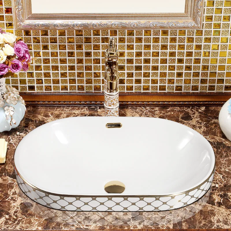 Chinese silver/gold  Mosaic Ceramic oval Semi Countertop Bathroom Sink Art Basin With Overflow rectangular ceramic sink