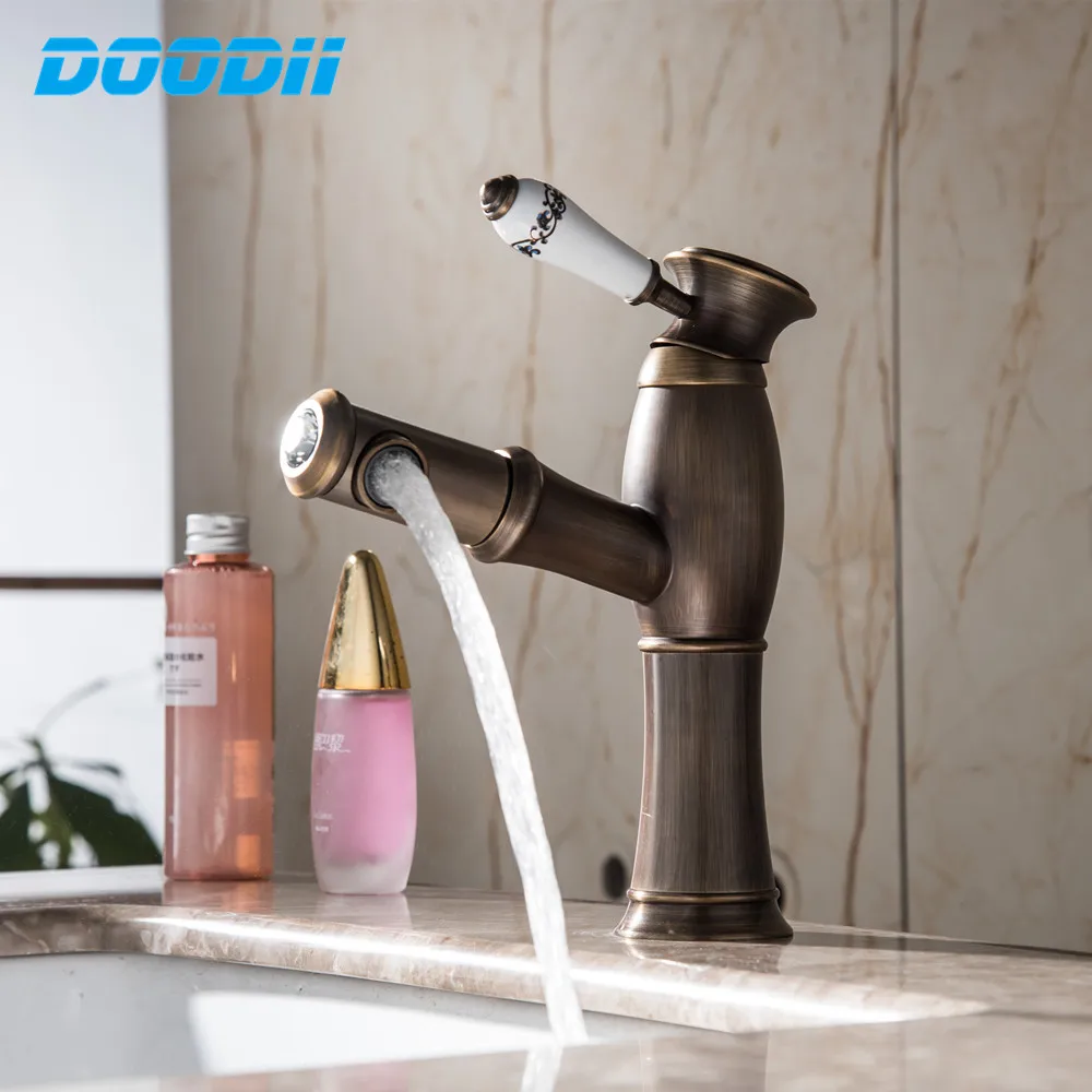 Antique Brushed Kitchen Faucet Pull Out With Spray Basin Faucet Torneira Cozinha Sink Single Handle Deck Mounted Tap DOODII