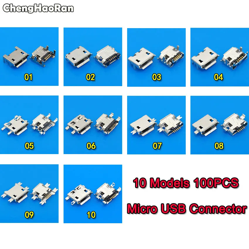 ChengHaoRan 10Models,100pcs Micro USB 5Pin jack tail, Micro USB Connector port sockect for Samsung Lenovo Huawei ZTE HTC ect