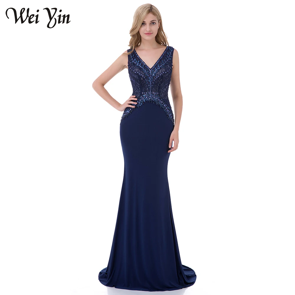 

Real Photos Navy Blue Color Beading Handwork Sexy V-Neck Style Formal Evening Dresses vestido de festa robe de soiree WY5188