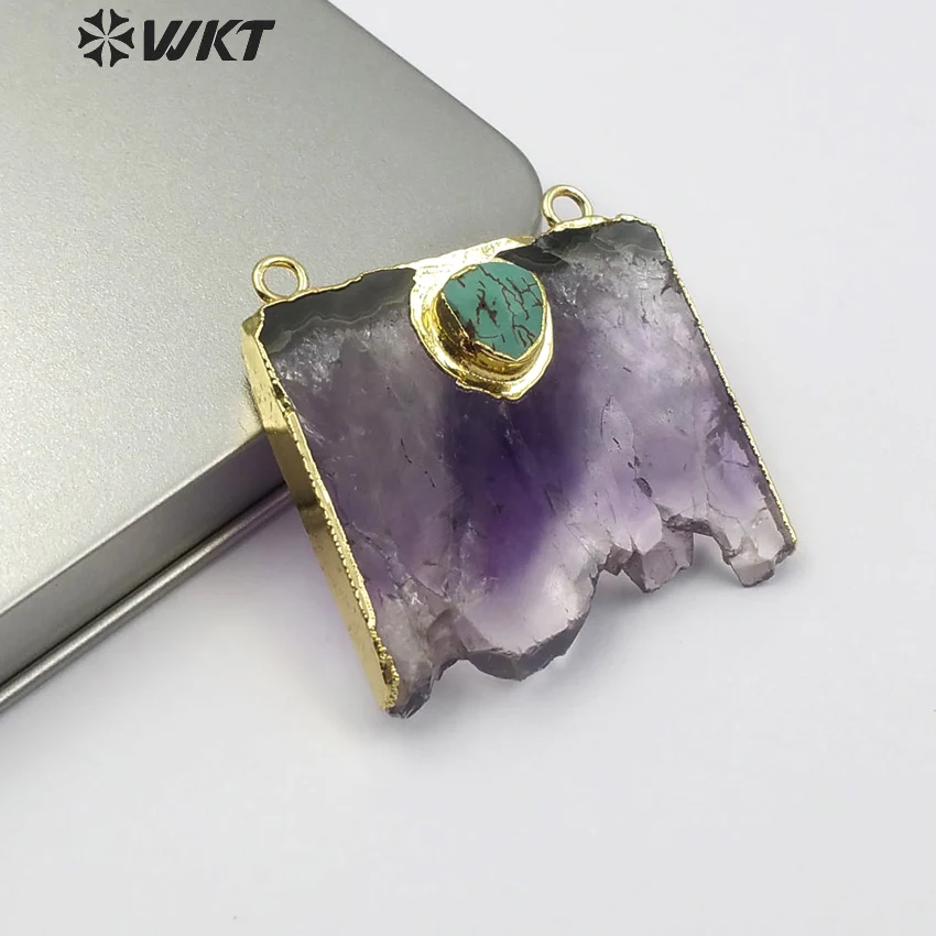 WT-P281 High-Quality Natural Amethyst With Small Turquoise Pendant With 18K Gold Plated For Women Jewelry