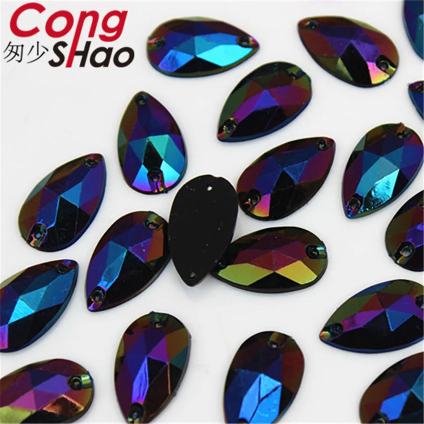 Cong Shao 100 Pz 11*18mm AB Colorato Goccia flatback pietre e cristalli Acrilico Strass da cucire 2 Fori DIY Pulsante costume CS640