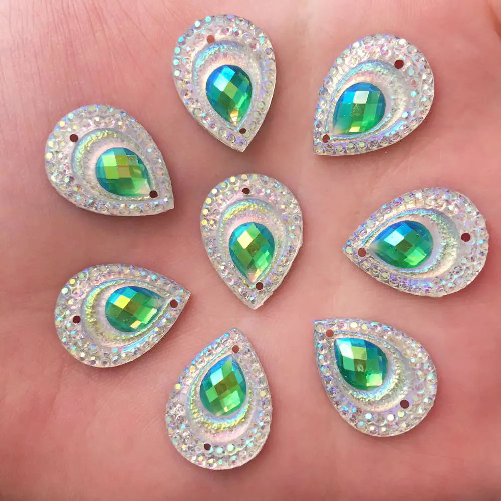 DIY 40PCS 13mm*18mm AB Resin Peacock Drop Flatback Rhinestone Wedding 2 Hole Crafts R35