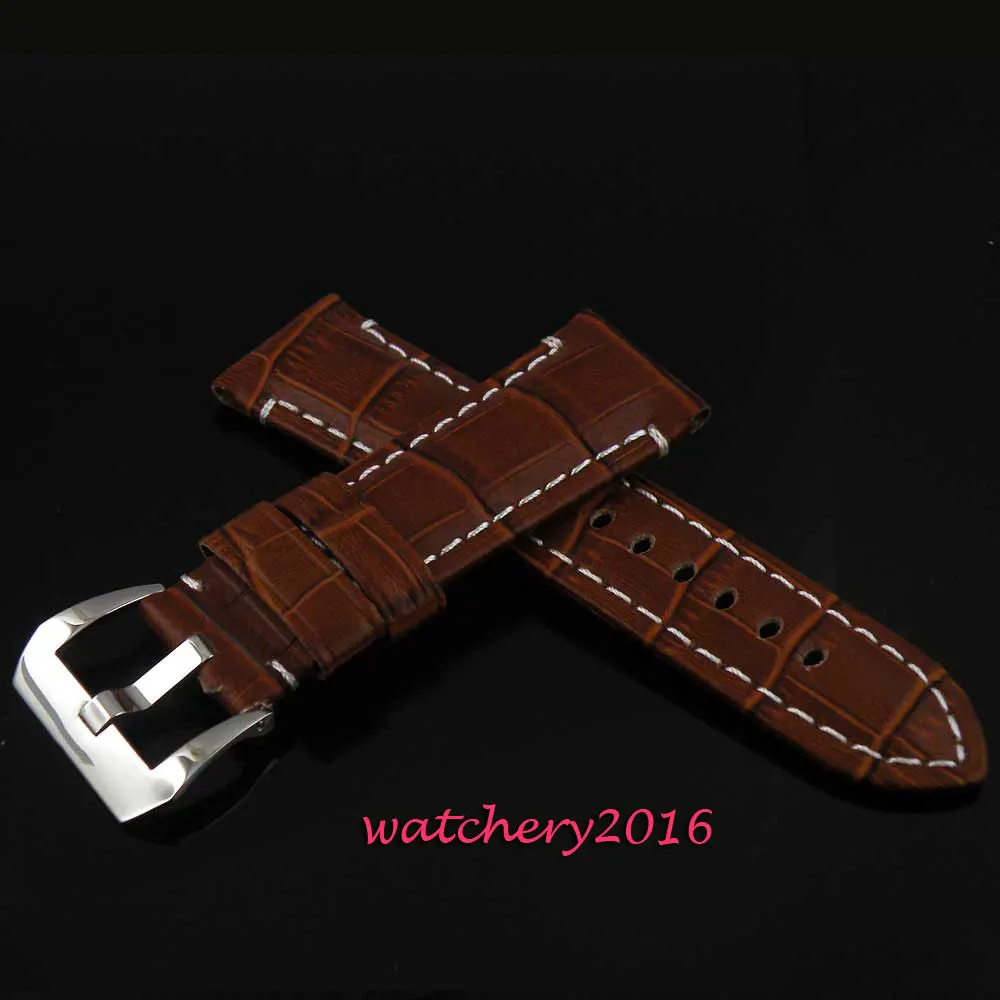 24mm brown leather Genuine leather fit military parnis Men's watch