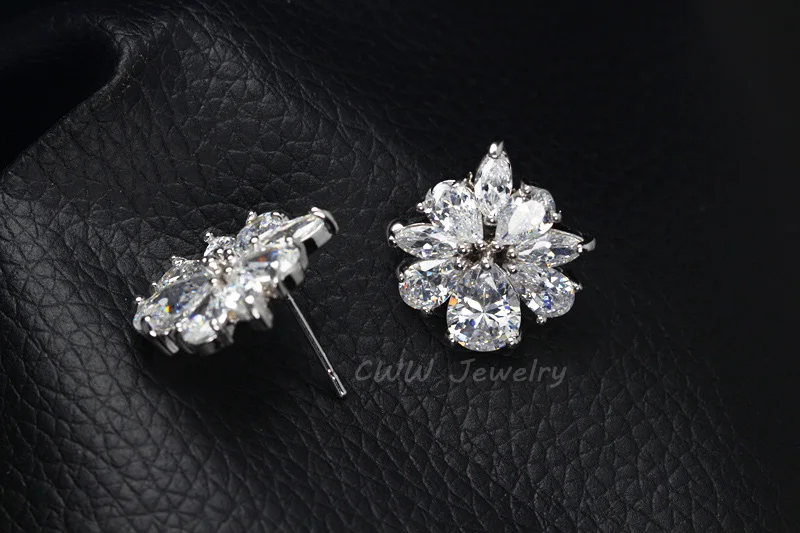 CWWZircons Romantic CZ Women Jewelry Silver Color Flower Shape High Quality Cubic Zircon Stone Earrings for Girls Gift CZ306